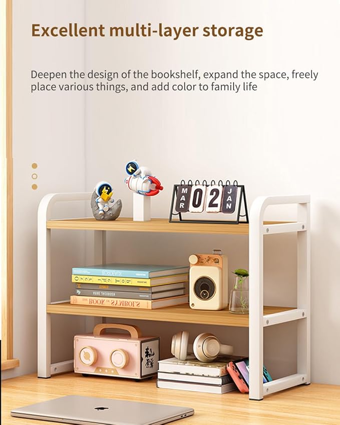 Office Desk Shelf Organizer, Wood Desktop Bookshelf Supplies Storage Rack, Shelf for Top of Desk and Dresser and Cubicle Decor Aesthetic Bookshelf (White White-Two Tier)