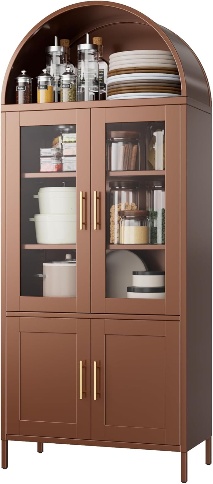 Metal Arched Bookcase Cabinet with 4 Doors,Arched Pantry Cabinet for Home Office Living Room,Required Assembly,Brown