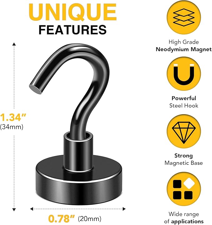 DIYMAG Large Magnetic Hooks Strong Heavy Duty Metal Hook with Refrigerator Kitchen Gadgets Outdoor Grill Hanging, 1.34in×0.78in Black 10 Pack