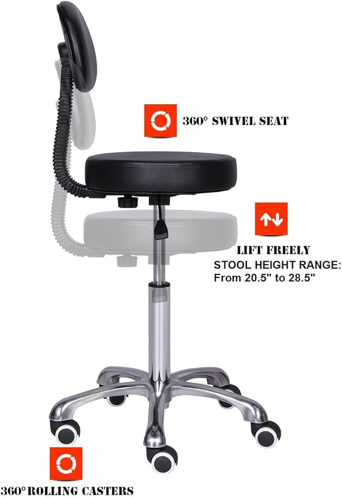 Kaleurrier Rolling Swivel Adjustable Heavy Duty Drafting Stool Chair for Hair Beauty Salon Medical Barber Office Home Kitchen Uses,with Wheels and Back (Black)