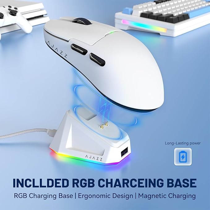 ATTACK SHARK X Ajazz AJ159 Superlight Gaming Mouse with RGB Charging Dock,PAW3395 26K DPI Sensor,56G Rechargeable Wireless Gaming Mouse,6 Programmable Buttons,Ergonomic Computer Mice USB3.0 for PC/MAC