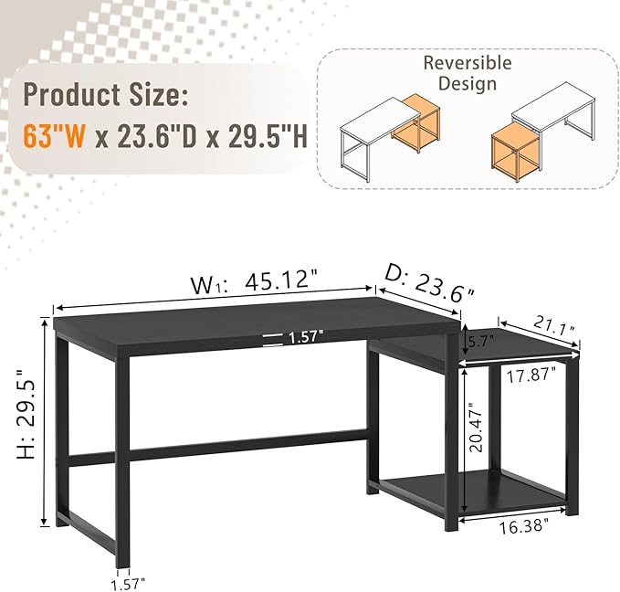 FOLUBAN Large Home Office Desk, Black Computer Desk with Storage Shelves, Modern Wood Writing Study Gaming Table for Bedroom Living Room, 63 Inch