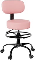 Drafting Chair with Back Support, Adjustable Foot Rest Rolling Stool, 360° Swivel Office Desk Chair with Wheels, Thick Seat Cushion for Home Bar Salon Tattoo Shop (1, Pink)