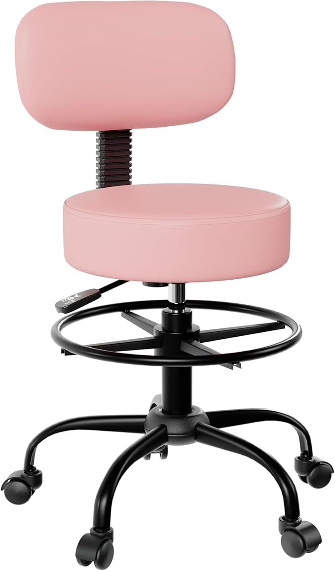 Drafting Chair with Back Support, Adjustable Foot Rest Rolling Stool, 360° Swivel Office Desk Chair with Wheels, Thick Seat Cushion for Home Bar Salon Tattoo Shop (1, Pink)