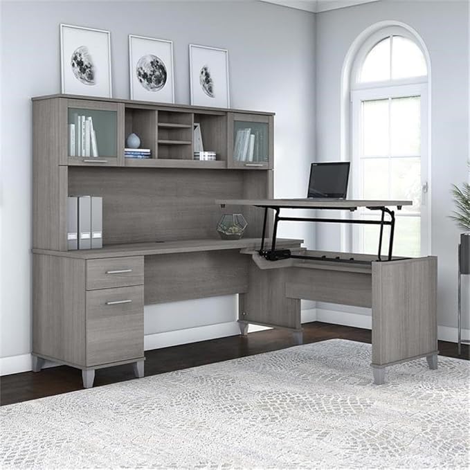 Pemberly Row 72W L Shaped Sit to Stand Desk with Hutch, Platinum Gray Finish, Engineered Wood, Adjustable Lift-n-Lock Height, Frosted Glass Doors, Ergonomic Office Desk for Home or Workspaces