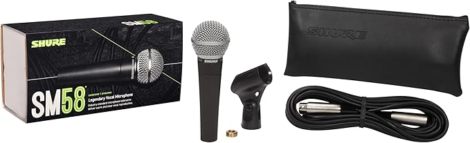 Shure SM58 Professional Dynamic Vocal Microphone with 25-Foot XLR Cable – Cardioid Mic for Live Performance, Studio Recording, Podcasting & Streaming (SM58-CN), Black & Silver