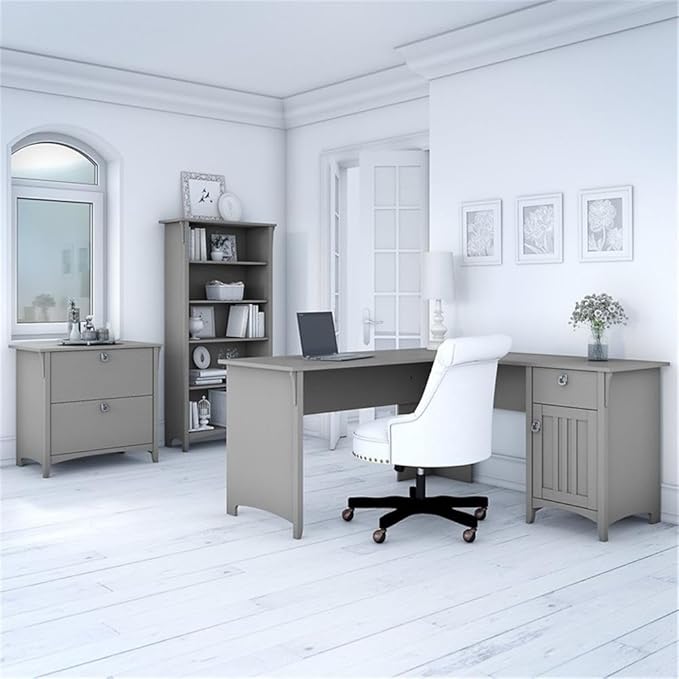 Pemberly Row 60W L Shaped Desk Office Suite, Cape Cod Gray Finish, Includes Desk with Storage Cabinet, File Cabinet, and 5-Shelf Bookcase, Mission Style Home Office Furniture Set
