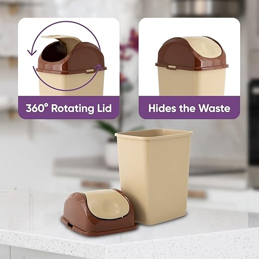 Superio Small 2.5 Gallon Plastic Trash Can with Swing Top Lid, Waste Bin for Under Desk, Office, Bedroom, Bathroom- 10 Qt, Beige/Brown