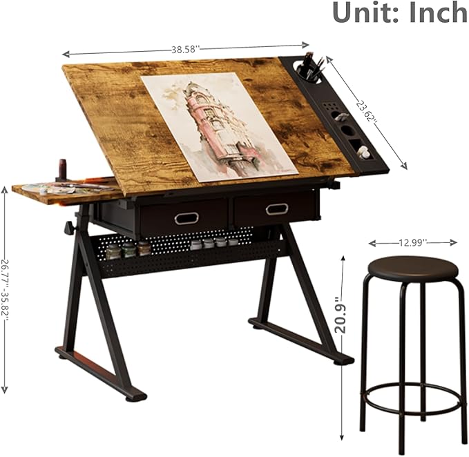 Drafting Table, Height Adjustable Drawing Table Art Table with Stool, 0-75° Tilted Tabletop Artist Desk Painting Table with Storage for Home Office School, Type 4-Rustic