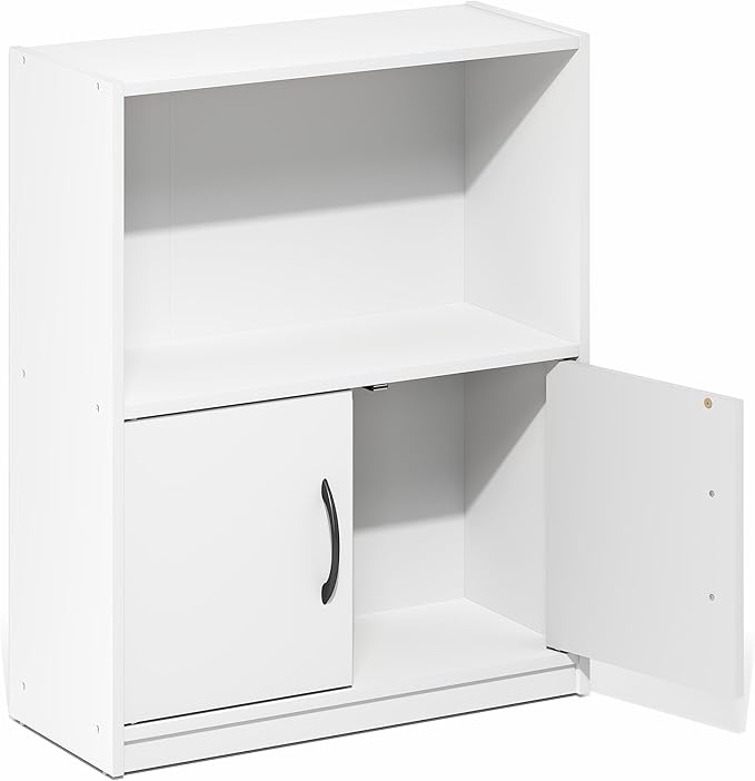 Furinno Gruen Book Shelf, 2-Tier Small Bookshelf, Bookcase with Open Shelf and Doors Storage Cabinet, 9.3 x 21.8 x 27, for Organization and Storage, for Living Room, Bedroom, Home Office, White