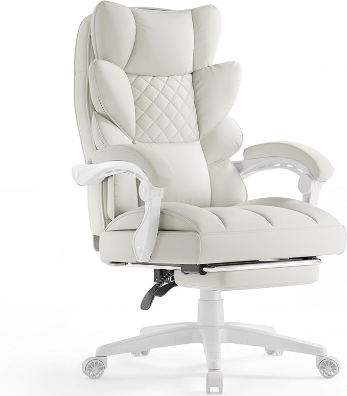 Dowinx Big and Tall Office Chair with Pocket Spring Cushion,High Back Computer Gaming Chairs with Linkage Armrests,Executive Desk Chairs with Footrest,PU Leather-White