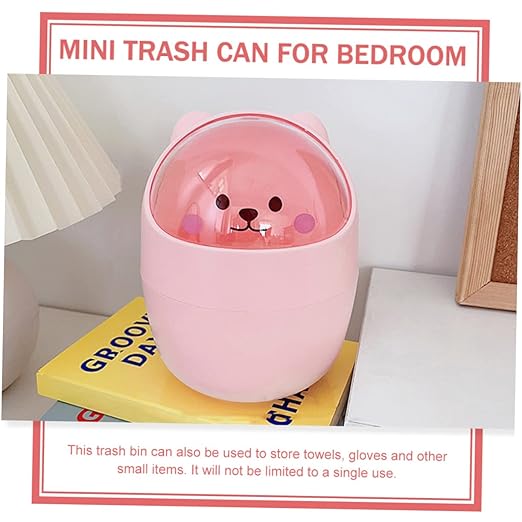 Cute Bear Mini Desktop Trash Can Lid Slim Plastic Trash Bin for Home Office Cartoon Garbage Container for Bedroom and Desk