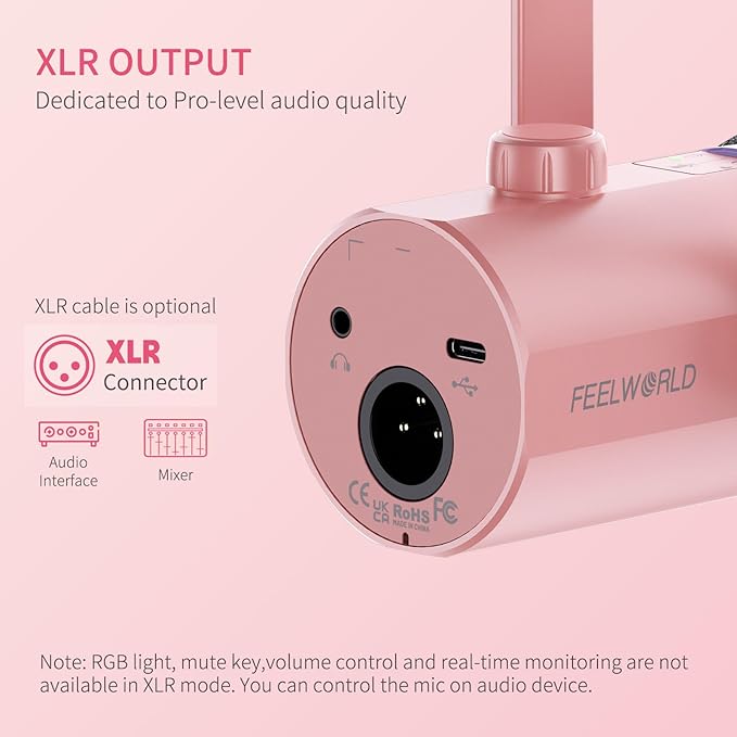 FEELWORLD PM1 XLR USB Dynamic Microphone with Boom Arm Gifts for Podcast Recording PC Computer Gaming Live Streaming Vocal Voice-Over, Studio Metal Mic, RGB Light, Mute Button, Headphones Jack (Pink)