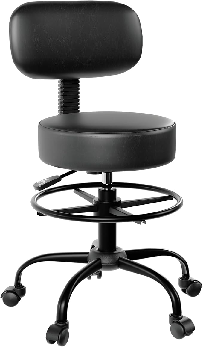 Drafting Chair with Back, Adjustable Foot Rest Rolling Stool (1, Black)