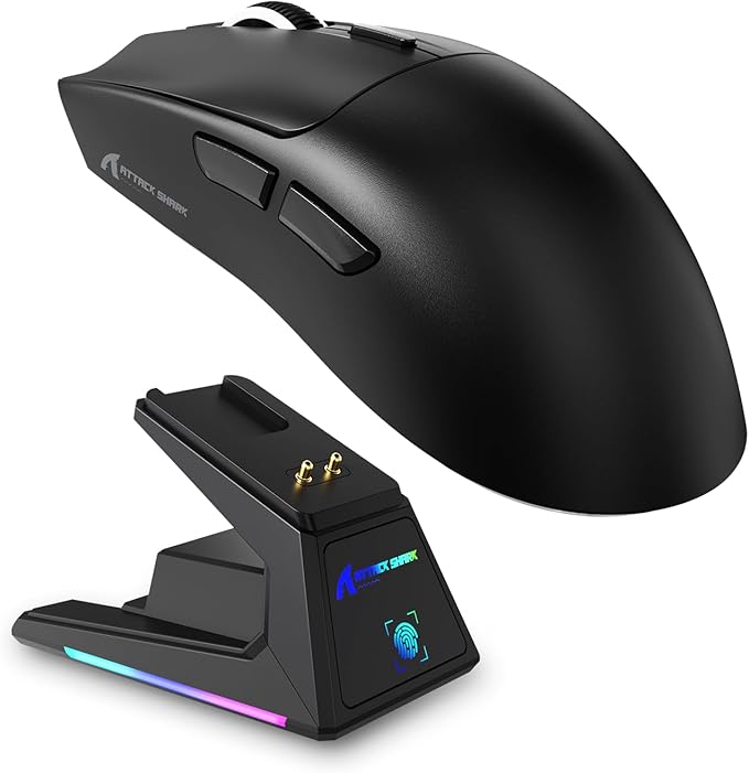 ATTACK SHARK X1 Superlight Wireless Gaming Mouse with RGB Magnetic Charging Dock, BT/2.4G Wireless/Wired Gaming Mouse, PAW3395PRO Gaming Sensor, 40000DPI, 53g Office Mice for PC/Mac/Win/Xbox (Black)