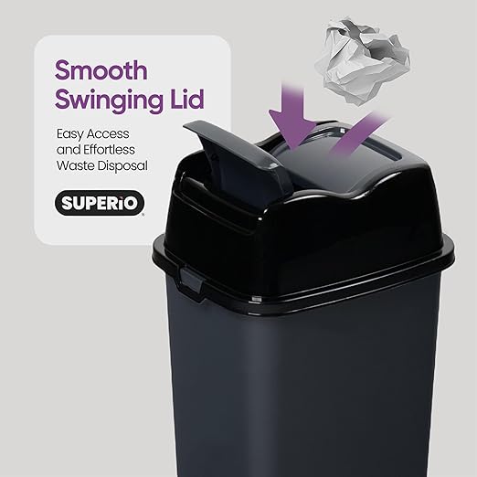 Garbage Cans with Swing Top-Split Lids, 2 Pack | Small Trash Cans with Lids | Durable Plastic | Slim & Sturdy Trash Bins | Fingerprint Resistant | 1.25 Gallon / 5 qt / 5 L – Grey | Superio Brand