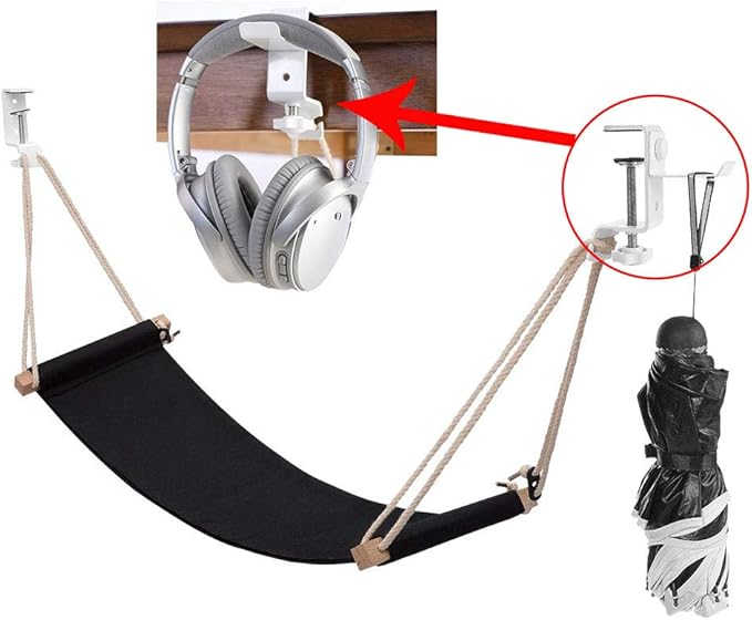 Foot Hammock Under Desk Footrest with Headphone Holder Adjustable Office Foot Rest Under Desk Hammock Portable Desk Feet for Most Desk - Black