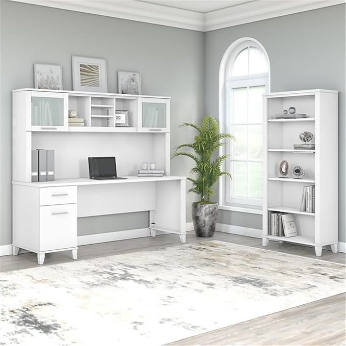 Pemberly Row 72W Office Desk with Hutch and 5 Shelf Bookcase, Engineered Wood, White Finish, Spacious Work Surface, Frosted Glass Doors, Adjustable Shelves, Home Office Furniture Set