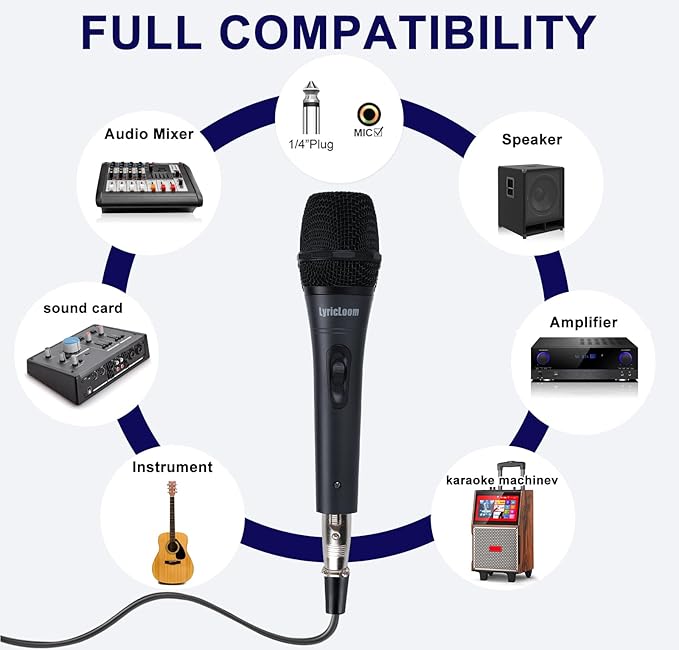 LyricLoom Professional Wired Microphone for Karaoke Singing, Metal Handheld Vocal Dynamic Microphone, Mic with 16.4ft Cable and Switch, Corded Microphone for Speaker, Amplifier and Singer