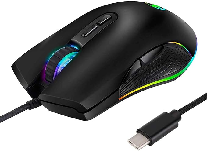 HXMJ RGB LED Gaming Mice,Wired USB C Port for Apple MacBook,Computer or Laptops with Type C Port-Black