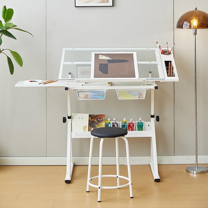 Drafting Table w/Stool, Height Adjustable Drawing Table, Multifunctional Art Craft Paintings Work Station w/2 Storage Drawers Artists Desk Tilting Glass Tabletop for Home Office White