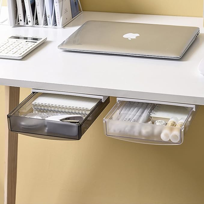 Self-adhesive Under Desk Drawer, 2 Packs Table Hidden Organizer Slide Out Large Storage Desktop Pencil Tray for Office Home School Kitchen (Large, White)