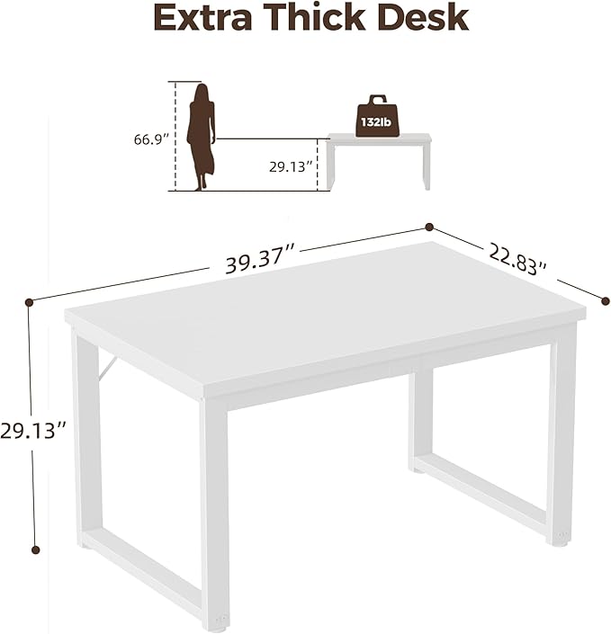 Mericonia 40 Inch Computer Desk, 1.2" Thick Modern Simple Study Writing Table, Heavy Duty Industrial Office Desk for Home Bedroom Workstation, White