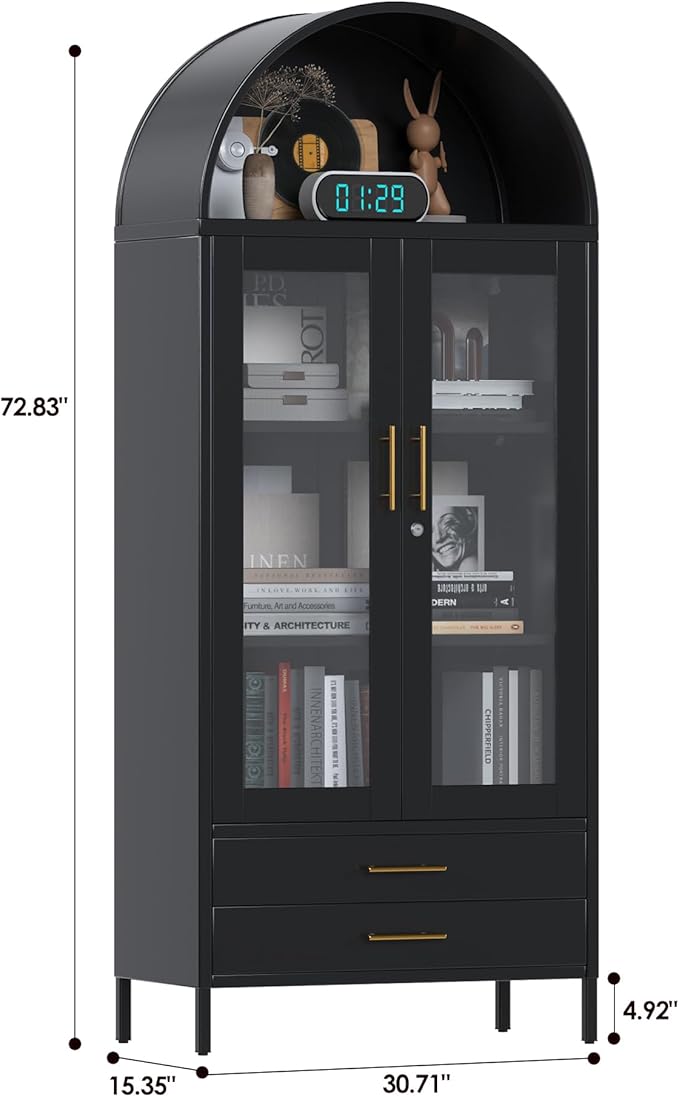 VEXPOR 73 in Tall Metal Arched Cabinet, Kitchen Pantry Cabinet with Glass Doors, Modern Farmhouse Arched Bookcase with 2 Drawers and 2 Adjustable Shelves for Living Room, Black, Assembly Required