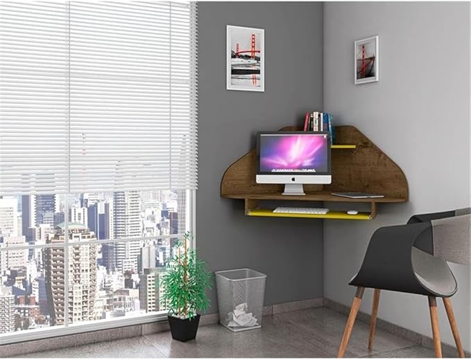 Eden Home 2-Piece Wood Cubicle Desk Set, MDF Rustic Brown and Yellow Finish, Includes Keyboard Drawer, Overhead Shelf, Mid-Century Modern Corner Design for Home Office Use
