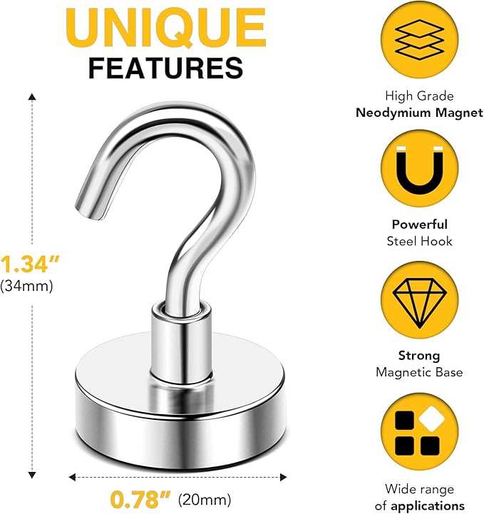 DIYMAG Magnetic Hooks, 50 LB Heavy Duty Magnet with Hook, 10 Packs Strong Rare Earth Neodymium Magnets for Hanging, Magnetics Hanger for Curtain, Home, Kitchen, Workplace