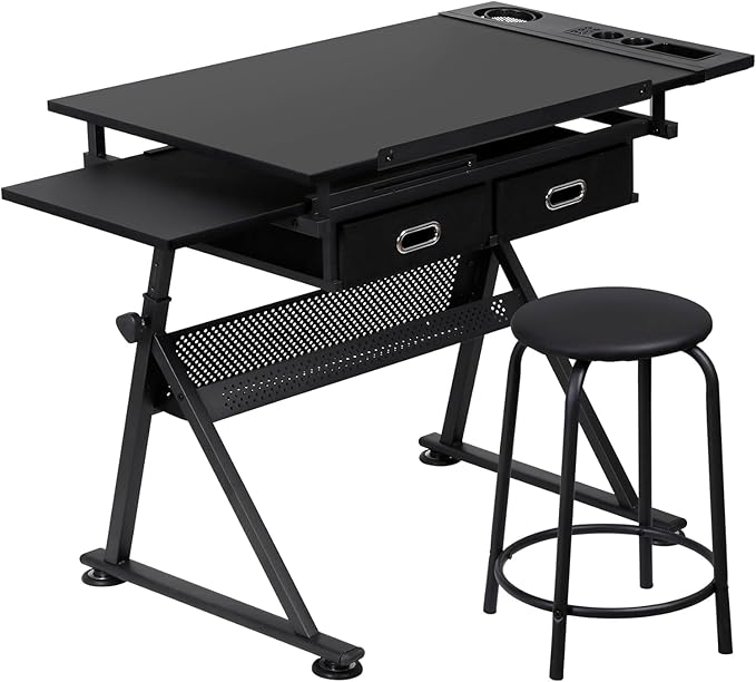 Adjustable Drafting Table Drawing Table, Tilting Tabletop Art Craft Desk w/2 Storage Drawers Stool for Home Office Crafting, Reading, Writing,Black