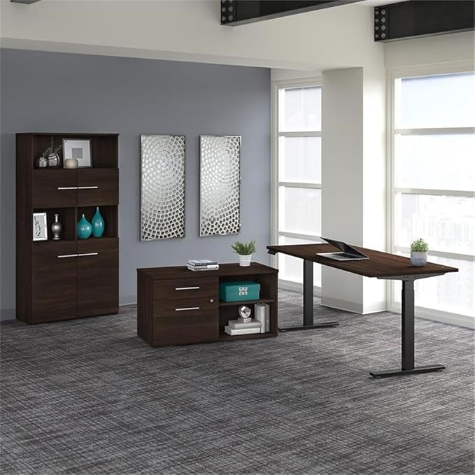 Pemberly Row 72W Height Adjustable Desk Set, Black Walnut Finish, Engineered Wood, Includes Standing Desk, Storage Cabinet with Drawers, 5 Shelf Bookcase, Ergonomic Home Office Furniture