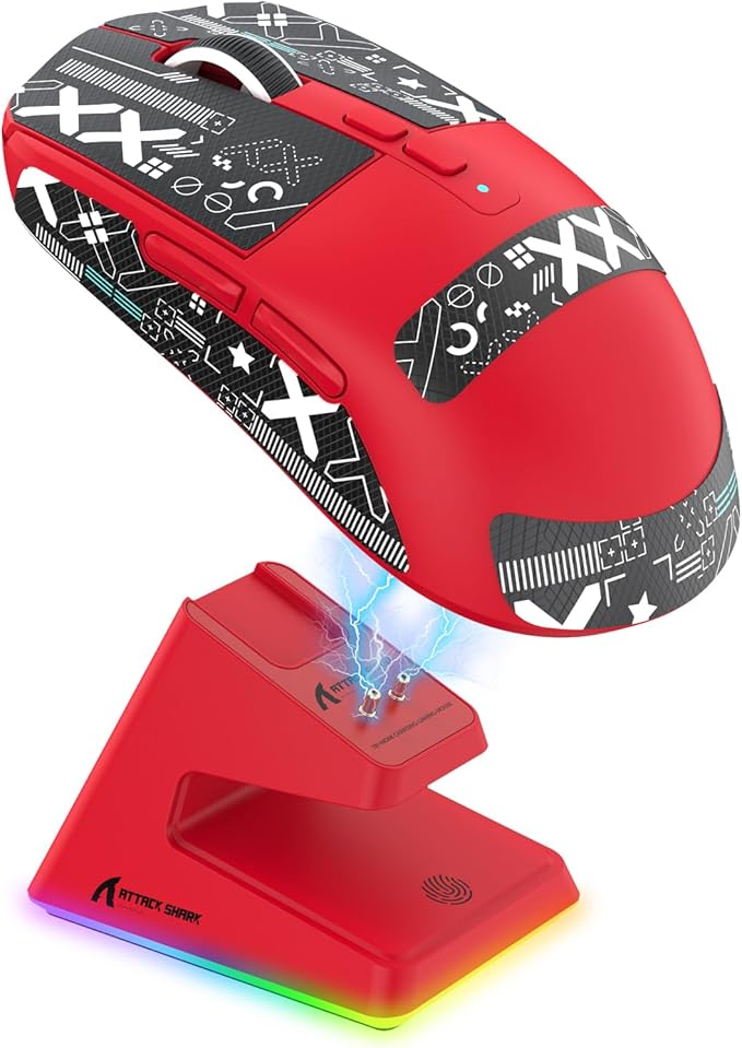 ATTACK SHARK X6 Lightweight Wireless Gaming Mouse with RGB Backlight Charging Base,Tri-Mode Wired/2.4GHz/BT5.2,26K DPI, PAW3395 Optical Sensor,HUANO Switch,5programmable Buttons,PC/Mac(Red+Sticker)