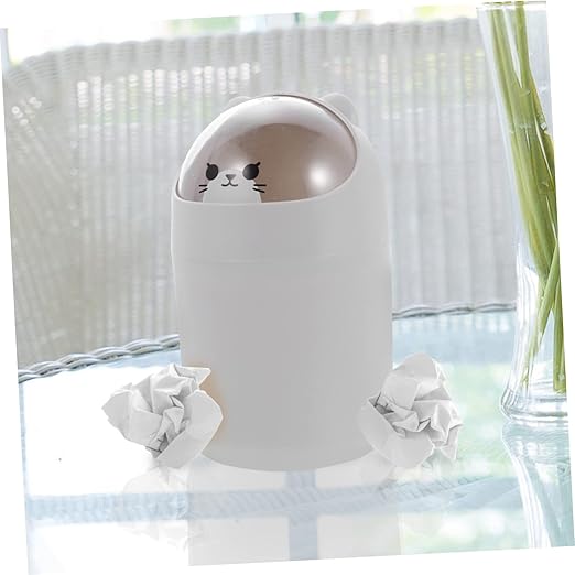 Vaguelly Cute Bear Desktop Trash Can Lid Mini Plastic Waste Bin for Office and Home Slim Cartoon Garbage Can for Bedroom and Desk