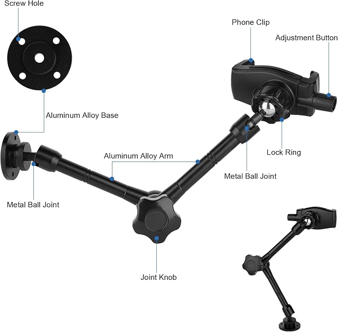 Mippko Wall Mount Phone Stand for Car/Desk/Boat/Desk/Vehicles Dashboard,360° Adjustable Aluminum Alloy Mount 10 inch Arm Holder,Compatible with 3.5~7.5" iPhone/HTC/LG/Huawei/Smartphones
