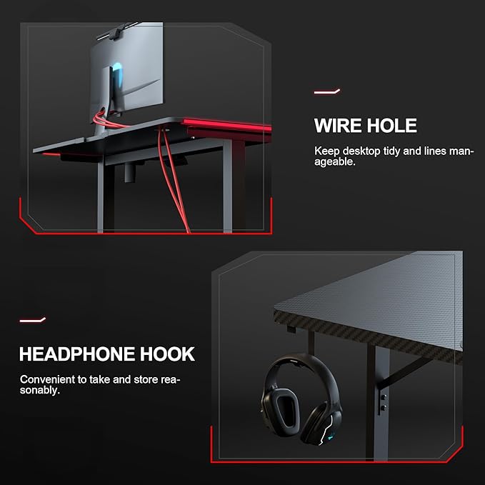 GTPLAYER 55 Inch Gaming Desk with LED Lights, Large Computer Desk with Mouse Pad for Home Office, T-Shaped Carbon Fibre Surface PC Game Workstations with Headphone Hook