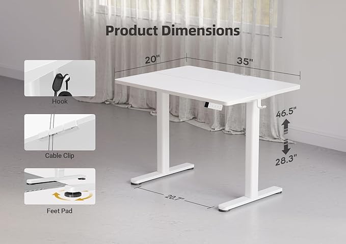 YDN Electric Standing Desk Adjustable Height, 35 x 20 Inches Stand up Desk with Cable Management, Home Office Desks with Splice Board & White Frame, White Top