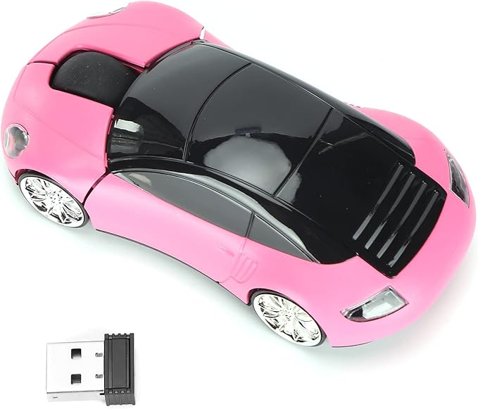 ASHATA 2.4GHz Wireless Gaming Mouse, 3D Sport Car Shape Ergonomic USB Mouse Mice for PC Laptop Computer, Pink (No Bluetooth)