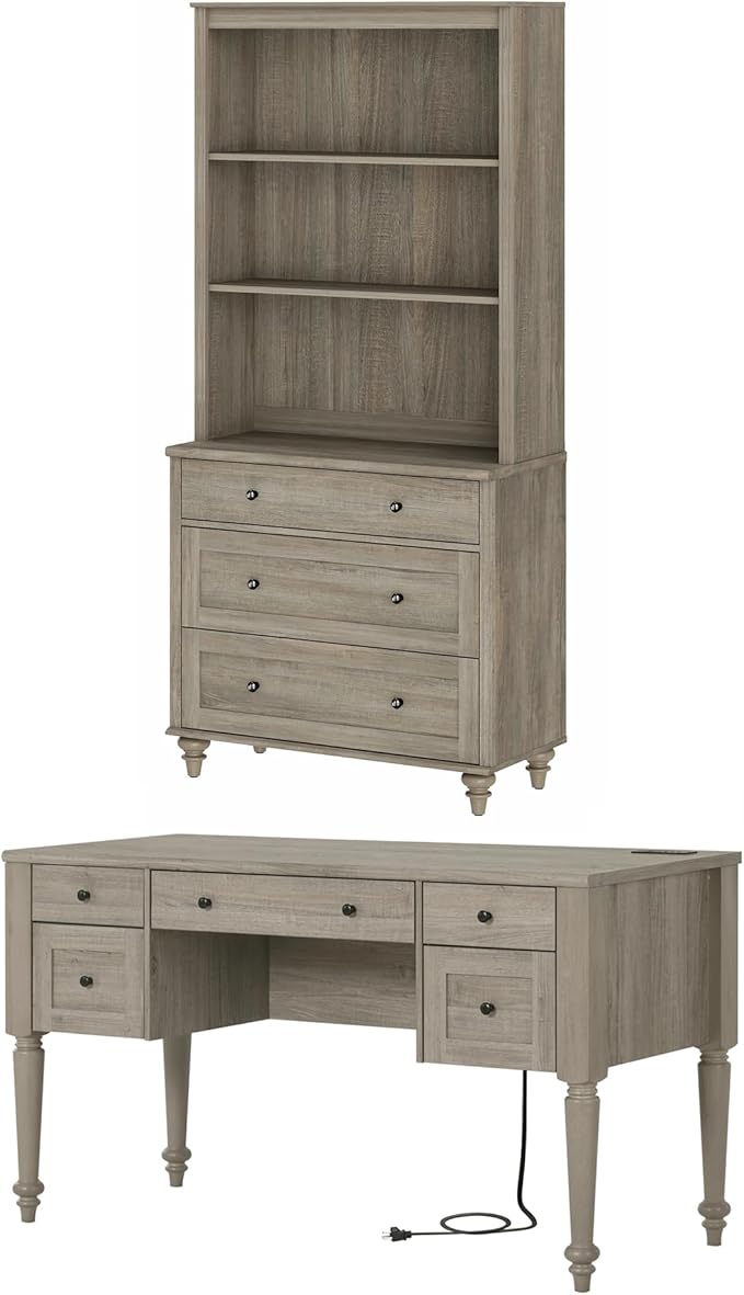 WAMPAT Home Office Furniture Set, 56'' Executive Desk with Charging Station, 72" Tall Bookcase with 3 Drawers, Wood Computer Desk with File Cabinet Storage, Open Shelf, Wash Grey