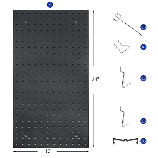 Peg Board Wall Organizer, Black Metal Pegboard Organizer, 2 Metal Pegboard Panels(12"x24") with 68 Accessories, Wall Mount Large Peg Board Kit with Hooks, Bins for Home, Garage, Workbench