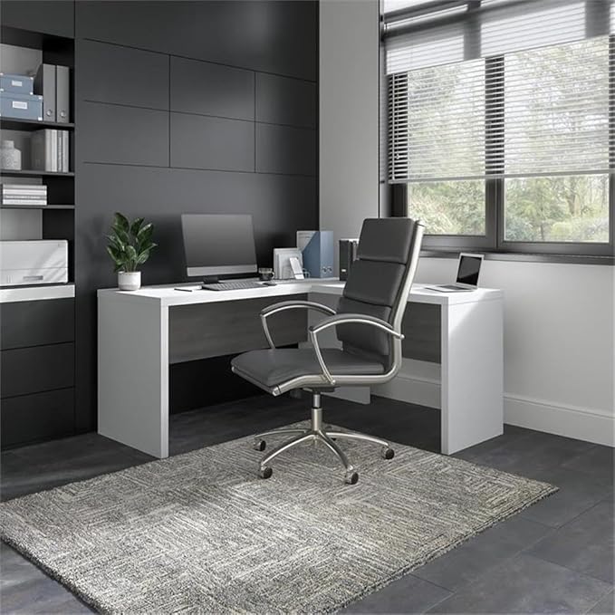 Pemberly Row Set of 2 L-Shaped Desk & 5-Shelf Bookcase in White & Gray