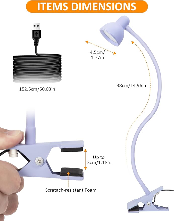 LiFMIRA Clip on Lamp USB Reading Light, 3 Color Modes, 10 Brightness Dimmable, Flexible Gooseneck Desk Lamp with Clamp, Eye Care Clip on Light for Bed Headboard Desk Home Dorm