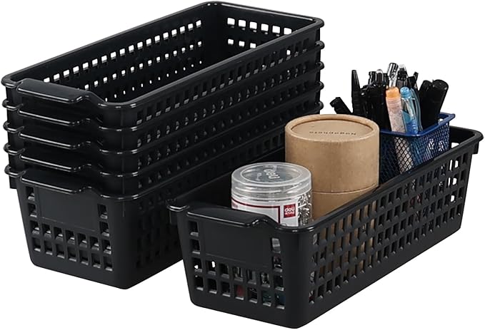 Slim Plastic Storage Baskets, Rectangle Draw Organizing Basket, 6 Packs