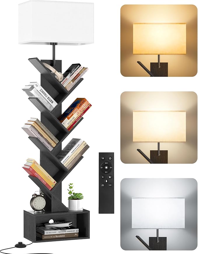 6 Tier Tree Bookshelf with Light, Remote & Timer, Modern Tall Floor Standing Book Shelf, Narrow Wood Bookcase, Small Book Organizer Shelves for Living Room, Bedroom, Office (Black)