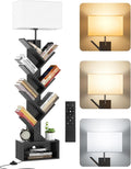 6 Tier Tree Bookshelf with Light, Remote & Timer, Modern Tall Floor Standing Book Shelf, Narrow Wood Bookcase, Small Book Organizer Shelves for Living Room, Bedroom, Office (Black)