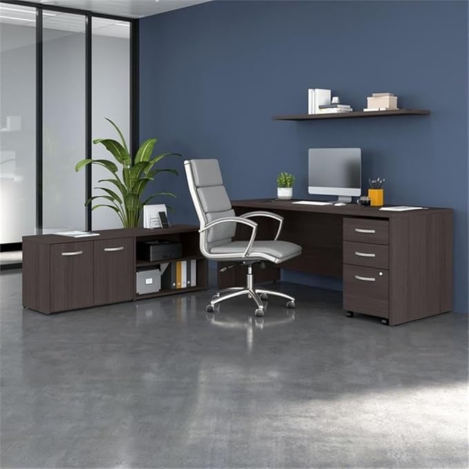 BOWERY HILL Engineered Wood 72W Office Desk Set, Storm Gray Finish, Includes Desk, Storage Credenza, Mobile File Cabinet with Drawers, Wire Management, Adjustable Shelves, Ideal for Home or Business
