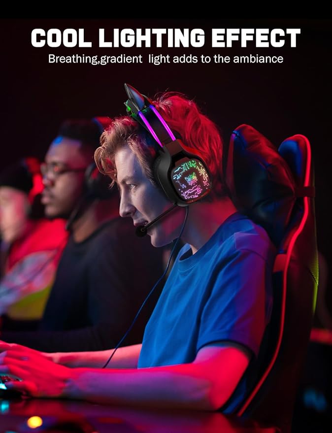 ONITOON Gaming Headset with Microphone, RGB Lights, Detachable Cat Ear, Lightweight Over-Ear Headphones with Adjustable Headband for PC, PS4, PS5, Mac, Switch, Surround Sound, in-Line Control, Black