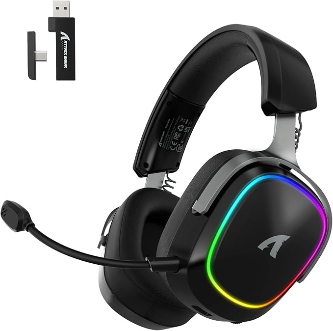 ATTACK SHARK G800 Wireless RGB Gaming Headset:7.1 Surround Sound-50mm Drivers-Memory Foam Ear Pads,Wired/2.4Ghz/BT,Ultralight,Durable Aluminum Frame,Detachable Mic,Programmable for PC Mac Gamer(Black)