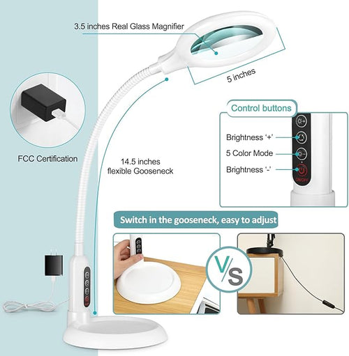 10X Magnifying Glass with Light and Clamp, 5 Color Modes Stepless Dimmable Lighted Magnifier with Stand, Flexible Gooseneck LED Desk Lamp Hands Free for Craft Painting Hobby Close Work