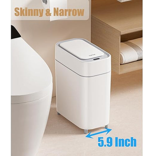 2-Pack - Bathroom Trash Can Automatic Touchless - 2 Gallon Slim Motion Sensor Garbage Can - Waste Basket for Bedroom, Laundry room, Small Spaces - Narrow Automatic Trash Bin - White with Grey Edge